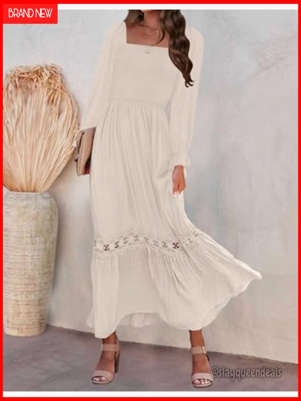 Boho Square Neck Smocked Maxi Dress with Lace Trim - Picture 3 of 7